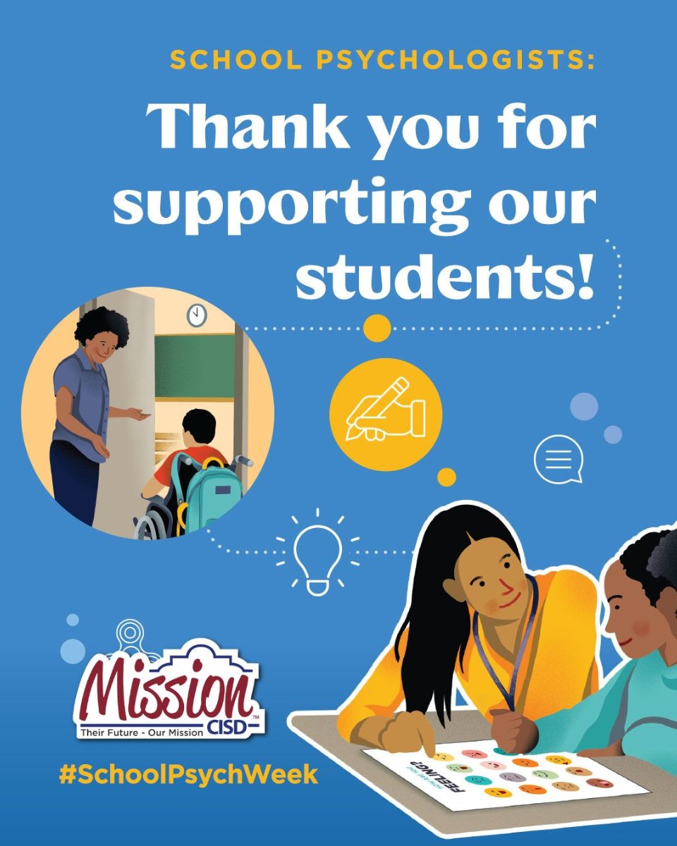 Illustration thanking school psychologists for supporting students, featuring scenes of student interaction and emotional guidance tools.